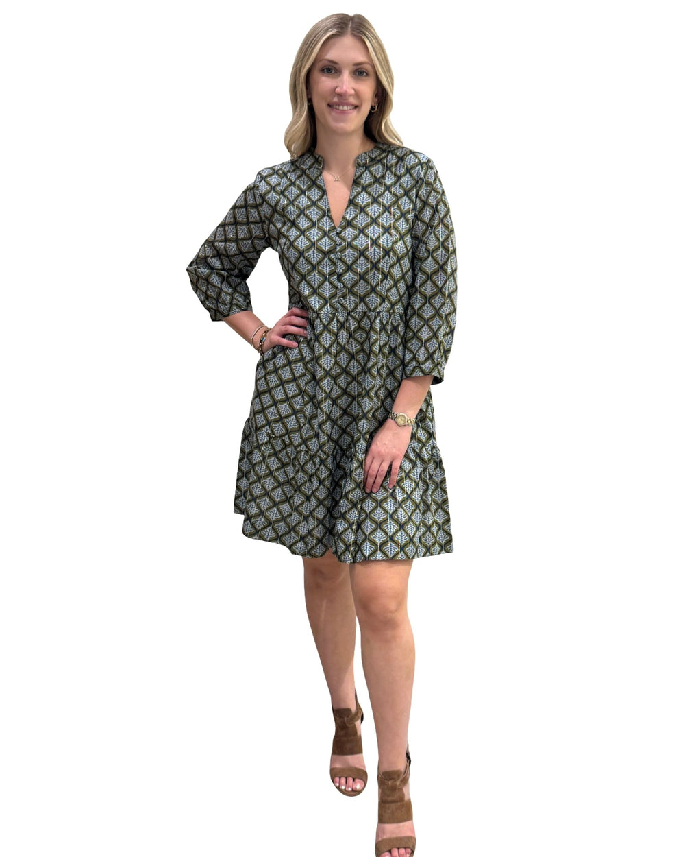 The Preston 3/4 Sleeve Dress in Green Grey Silver Lurex — view 2