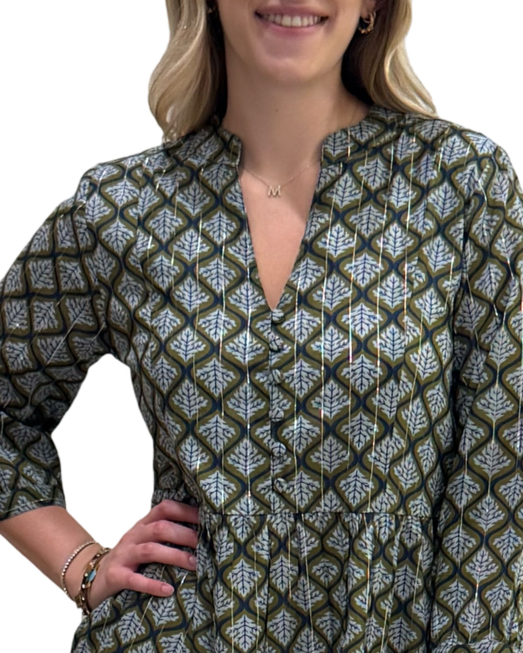 The Preston 3/4 Sleeve Dress in Green Grey Silver Lurex — view 4