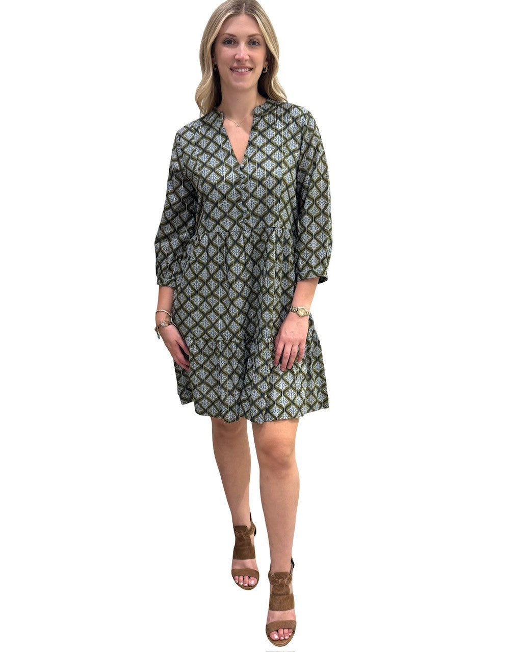 The Preston 3/4 Sleeve Dress in Green Grey Silver Lurex — view 3