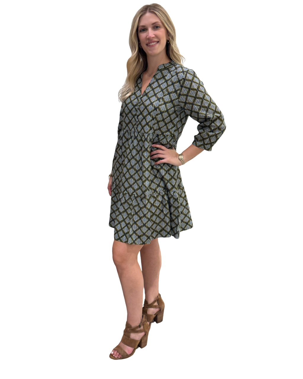 The Preston 3/4 Sleeve Dress in Green Grey Silver Lurex — view 5