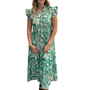 The Campbell Flutter Sleeve  Dress in Green Gold Lurex Cotton