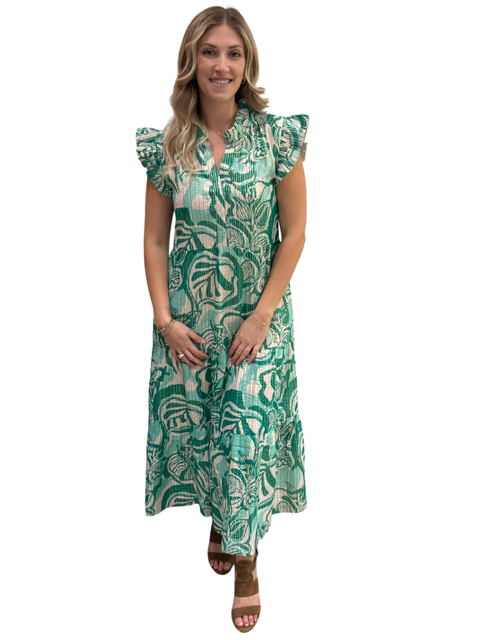 The Campbell Flutter Sleeve  Dress in Green Gold Lurex Cotton