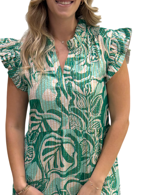 The Campbell Flutter Sleeve  Dress in Green Gold Lurex Cotton — view 3
