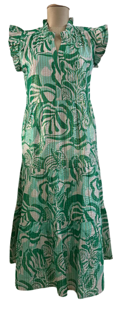 The Campbell Flutter Sleeve  Dress in Green Gold Lurex Cotton — view 8