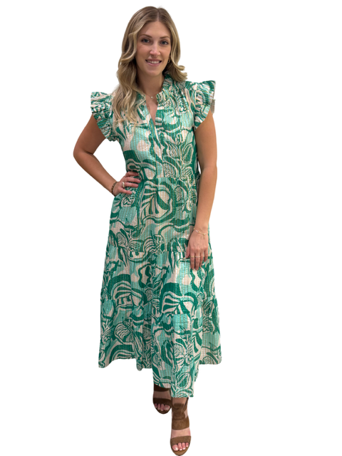 The Campbell Flutter Sleeve  Dress in Green Gold Lurex Cotton — view 6