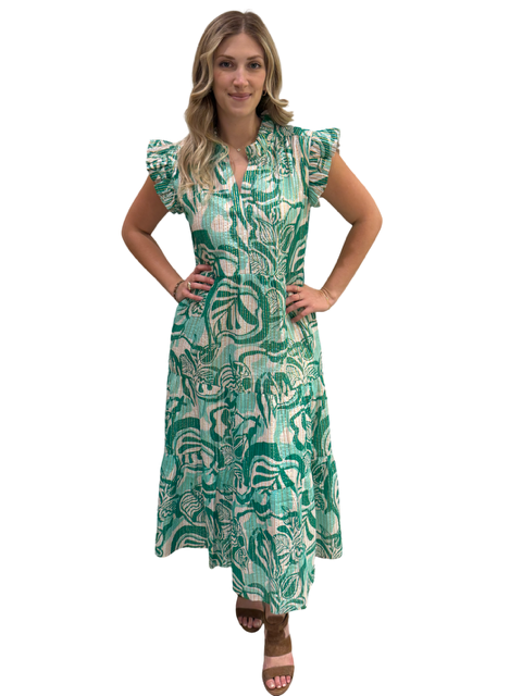 The Campbell Flutter Sleeve  Dress in Green Gold Lurex Cotton — view 5