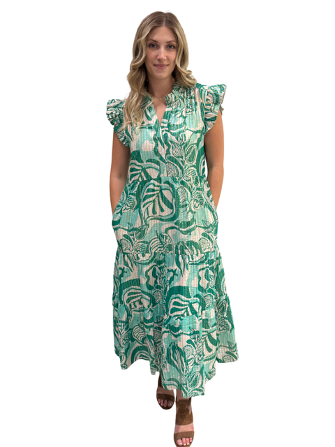 The Campbell Flutter Sleeve  Dress in Green Gold Lurex Cotton — view 4