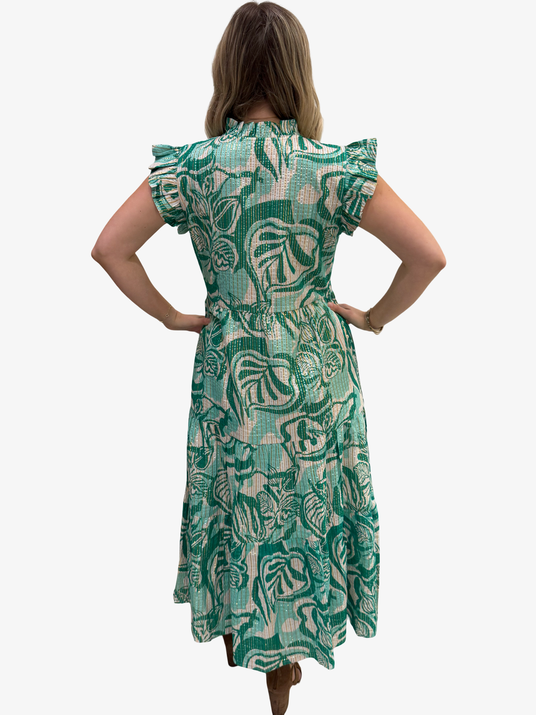 The Campbell Flutter Sleeve  Dress in Green Gold Lurex Cotton — view 7