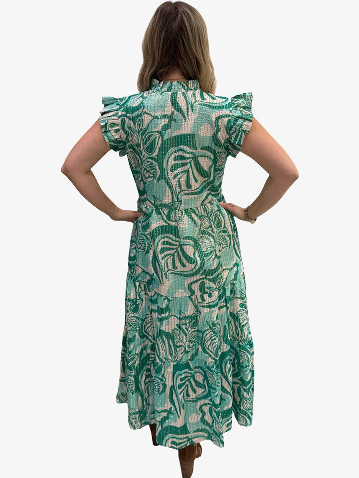 The Campbell Flutter Sleeve  Dress in Green Gold Lurex Cotton — view 7