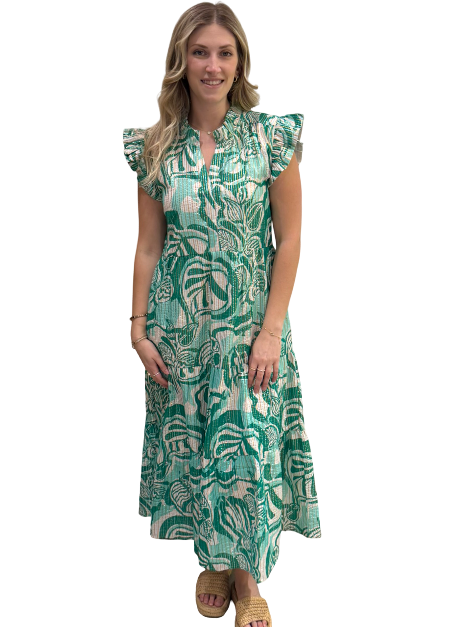 The Campbell Flutter Sleeve  Dress in Green Gold Lurex Cotton — view 2