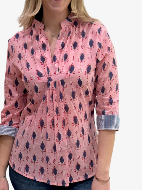The Eloise Cotton Top in Pink Blue Hand Block — view 2