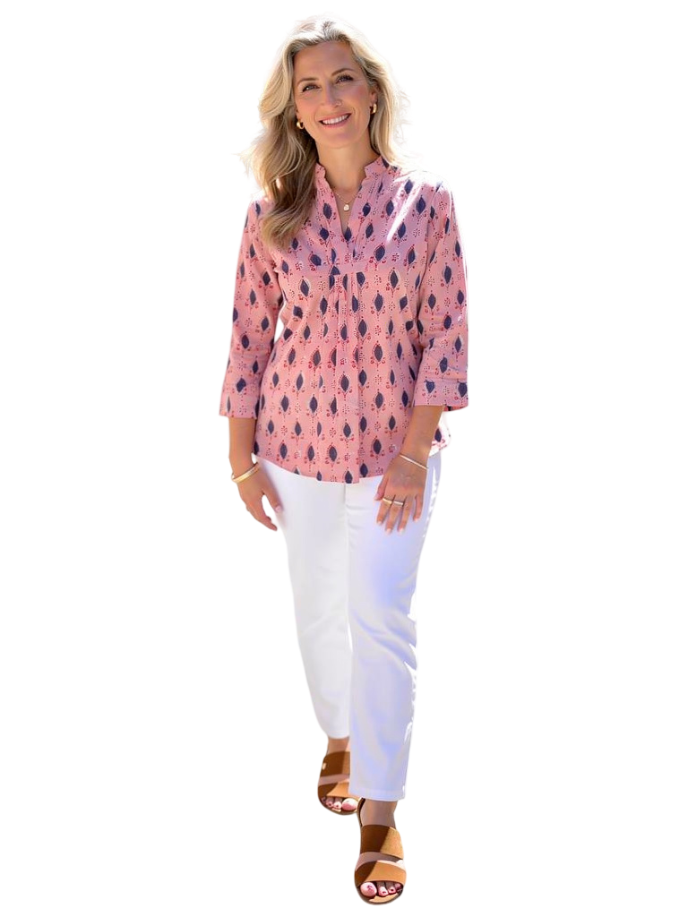 The Eloise Cotton Top in Pink Blue Hand Block