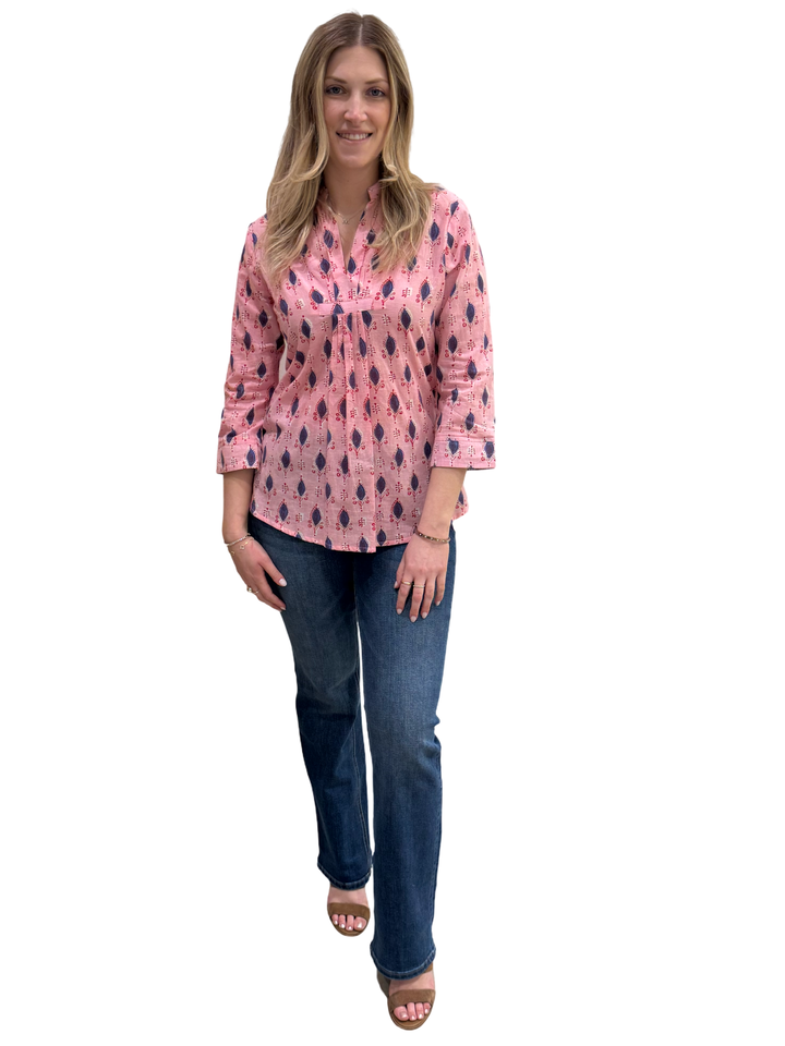 The Eloise Cotton Top in Pink Blue Hand Block — view 3