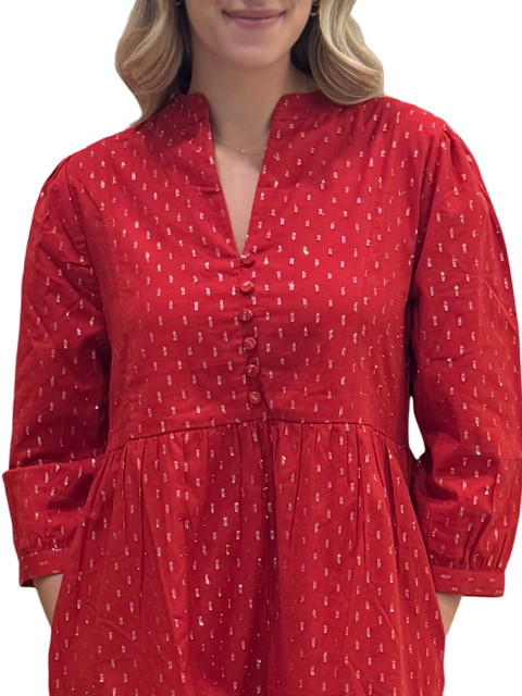 The Preston 3/4 Sleeve Dress in Red and Silver — view 3