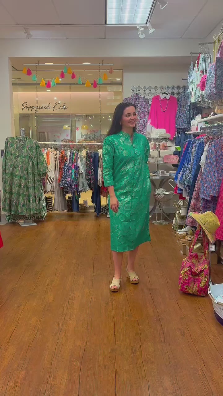 The Tabitha Button Front 3/4 Sleeve Dress  in Emerald Green and Gold