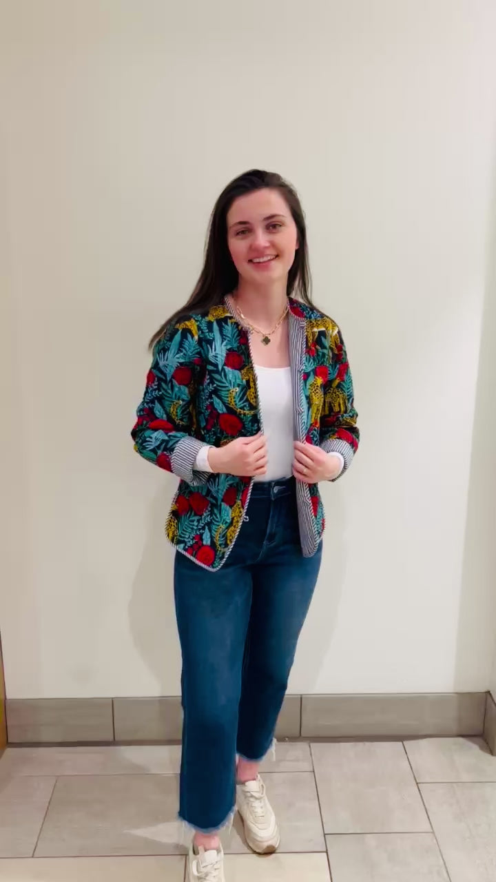 The Madeline Quilted Hand Block Printed Jacket in Turquoise Cheetah Print