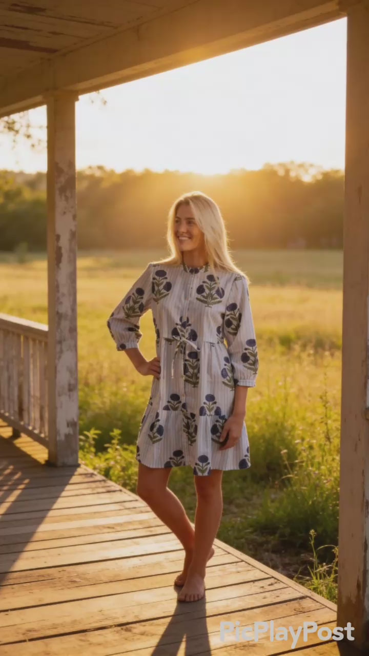 The Hamilton Striped Lavender Cotton Floral Hand Block Printed Dress