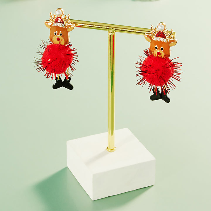 Pom Pom Dangle Rudolph Enamel Earrings