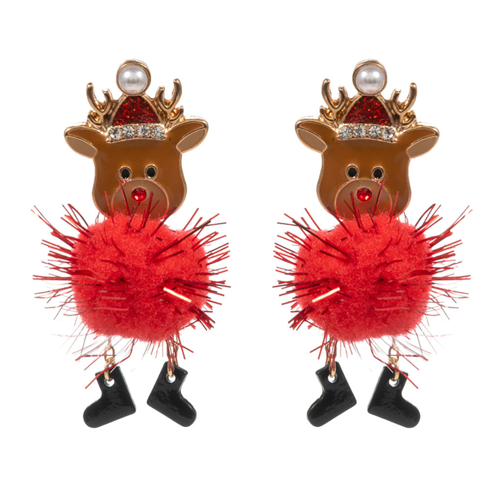 Pom Pom Dangle Rudolph Enamel Earrings — view 2
