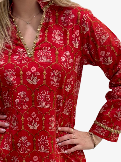 The Winslow Gold Bead Trim Tunic in Red — view 3