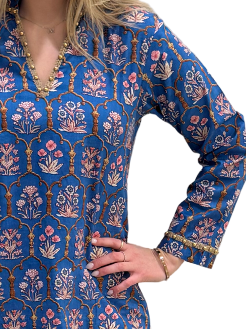 The Winslow Gold Bead Trim Tunic in Blue — view 3
