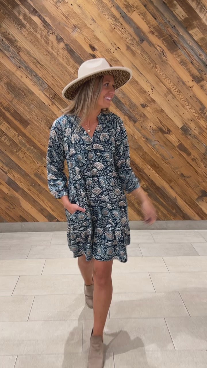 The Dahlia 3/4 Sleeve Block Print Cotton Dress in Navy and Beige Floral