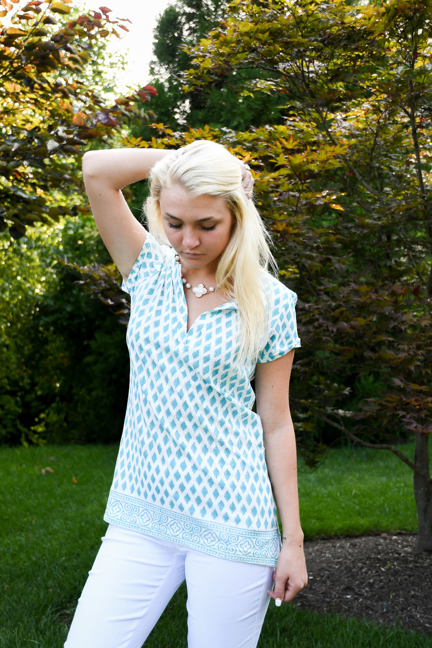 The Kylie Tee Shirt in White and Turquoise Hand Block — view 2