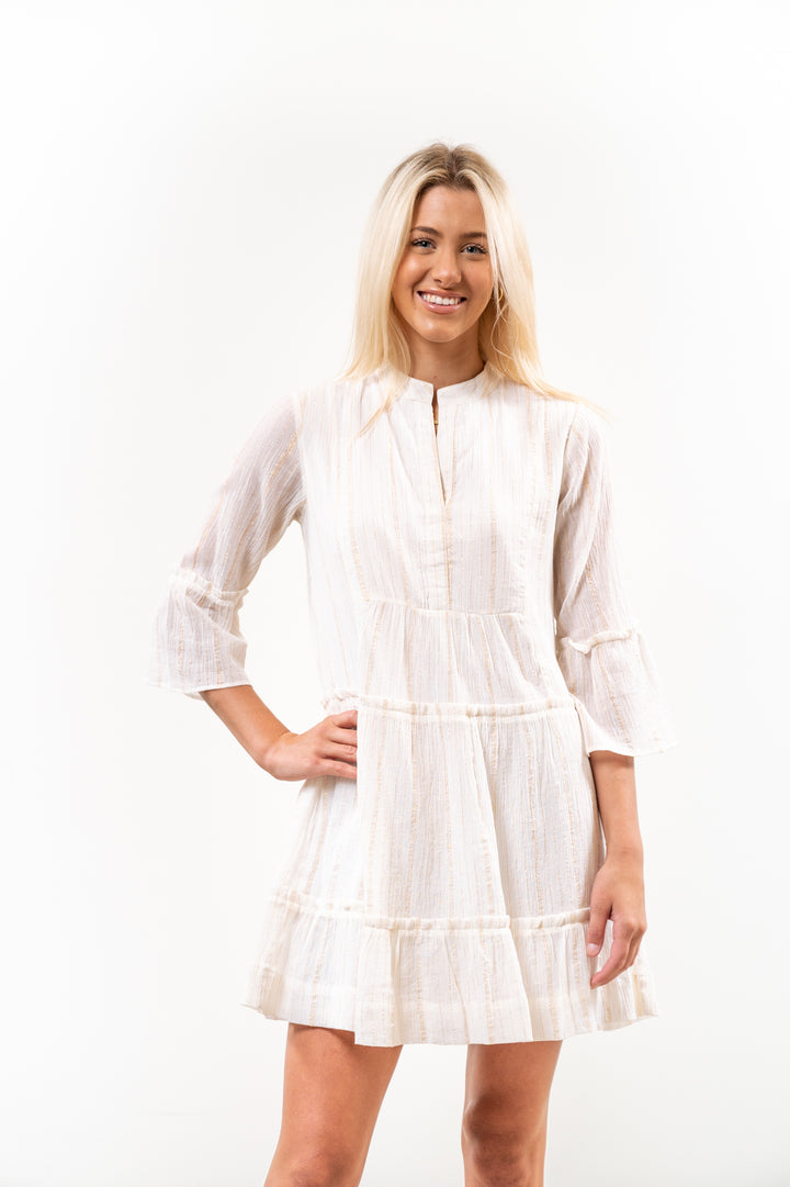 The Makayla White and Gold Cotton Gauze Tiered Dress