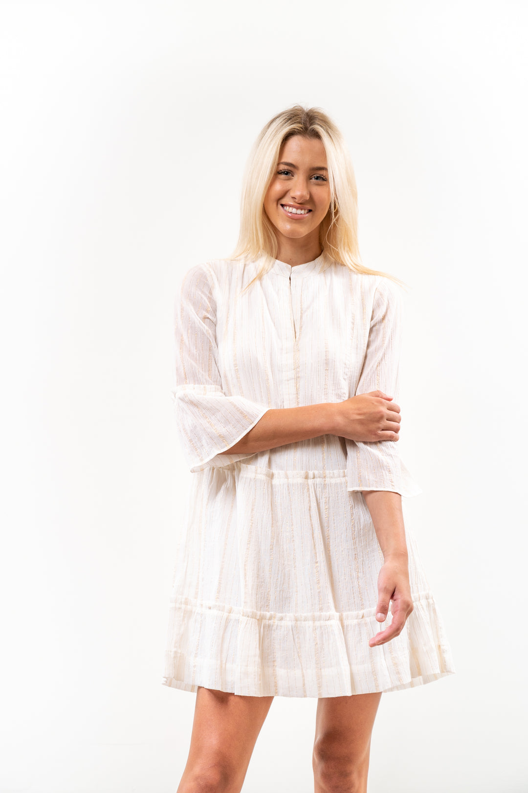 The Makayla White and Gold Cotton Gauze Tiered Dress — view 4