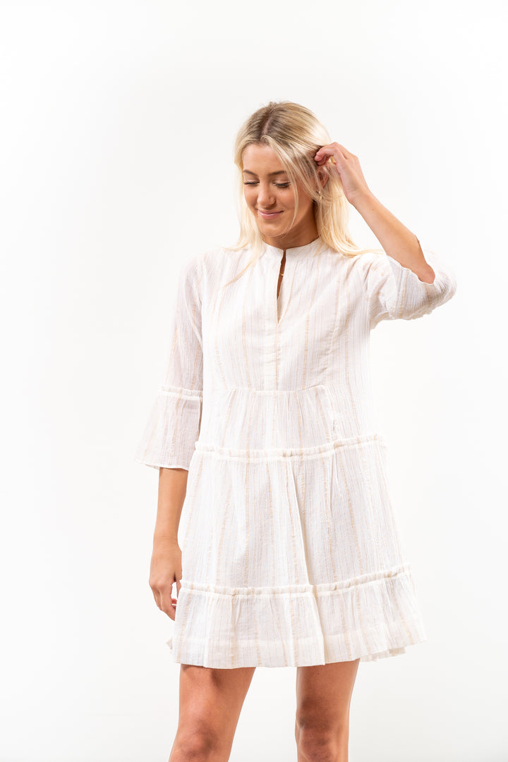 The Makayla White and Gold Cotton Gauze Tiered Dress — view 5