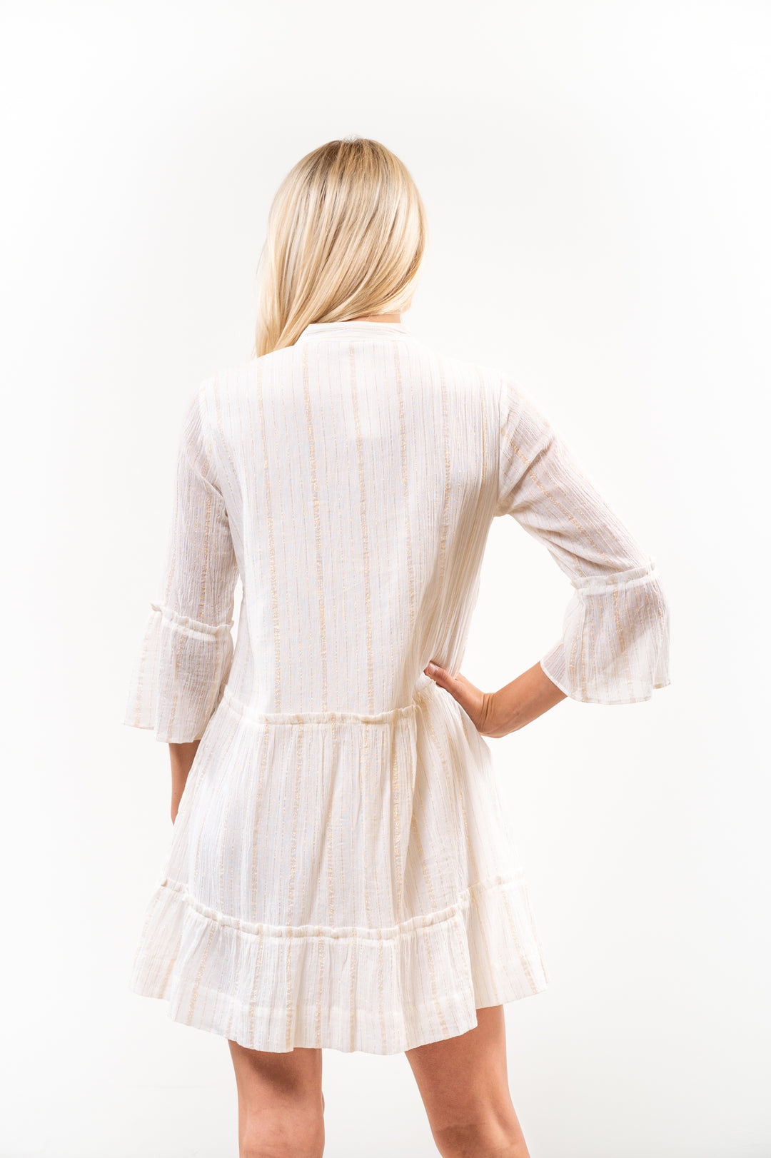 The Makayla White and Gold Cotton Gauze Tiered Dress — view 6