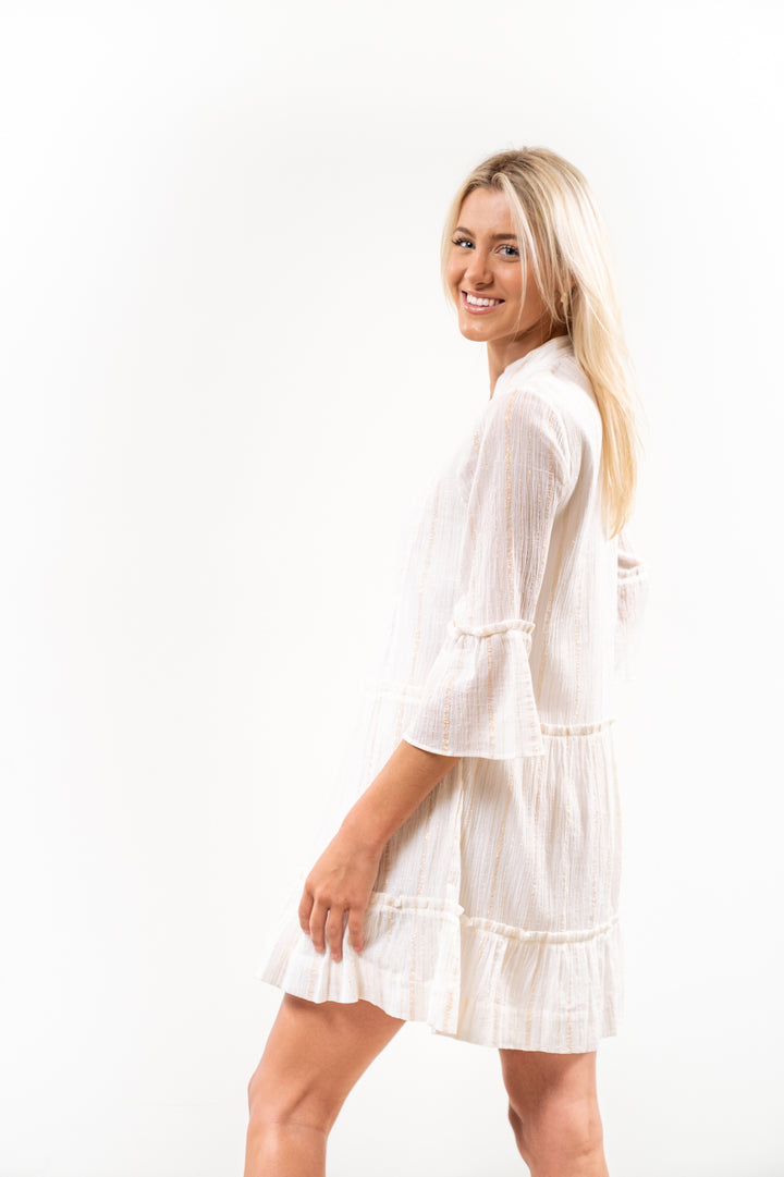 The Makayla White and Gold Cotton Gauze Tiered Dress — view 7
