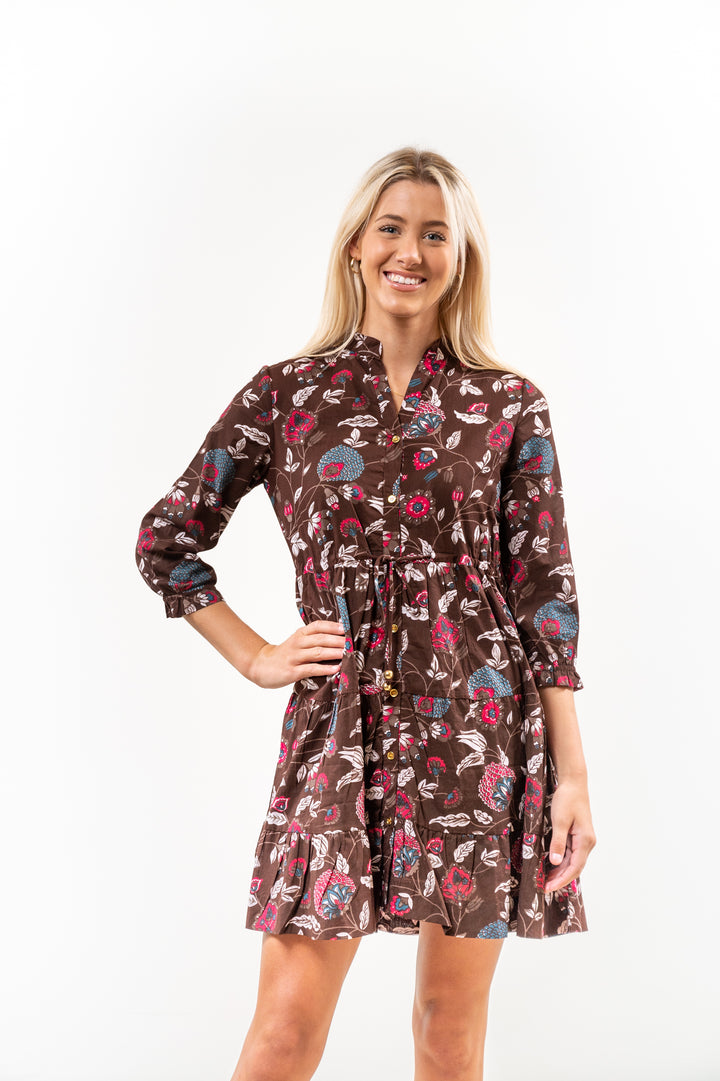 The Hamilton Cinch Waist Dress in Chocolate Brown Floral