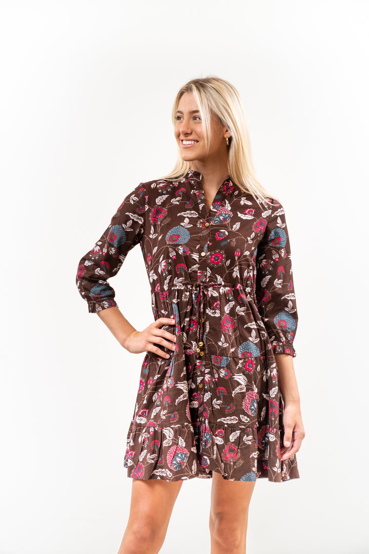 The Hamilton Cinch Waist Dress in Chocolate Brown Floral — view 2