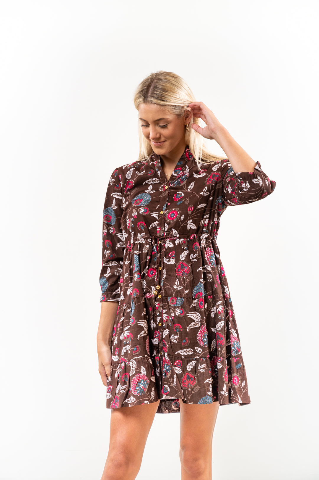 The Hamilton Cinch Waist Dress in Chocolate Brown Floral — view 3