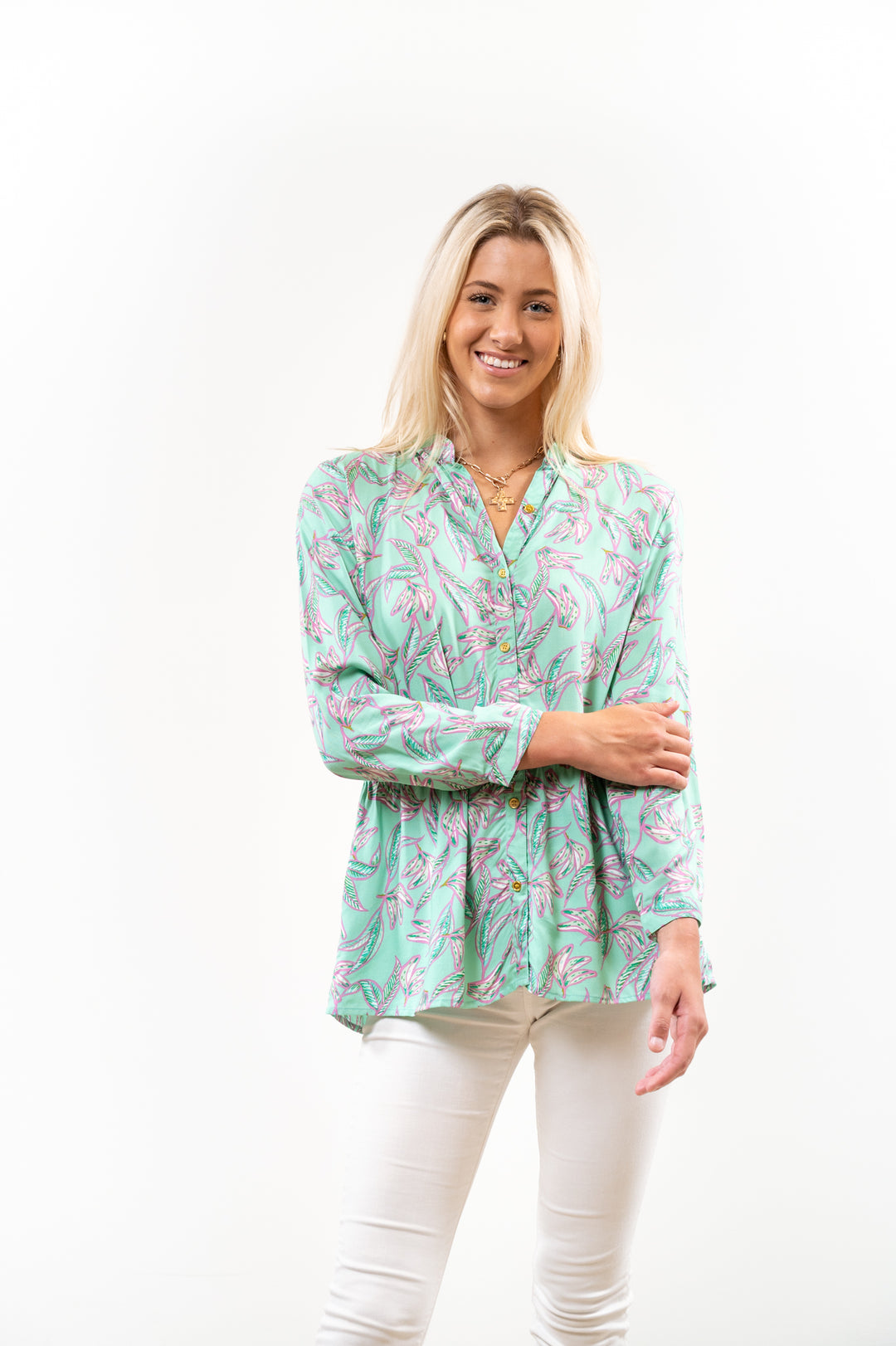 The Wyatt Button Front Tunic in Soft Green — view 2