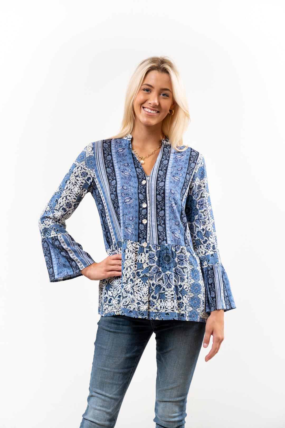 The Emma Button Front Tunic in Navy and White — view 3