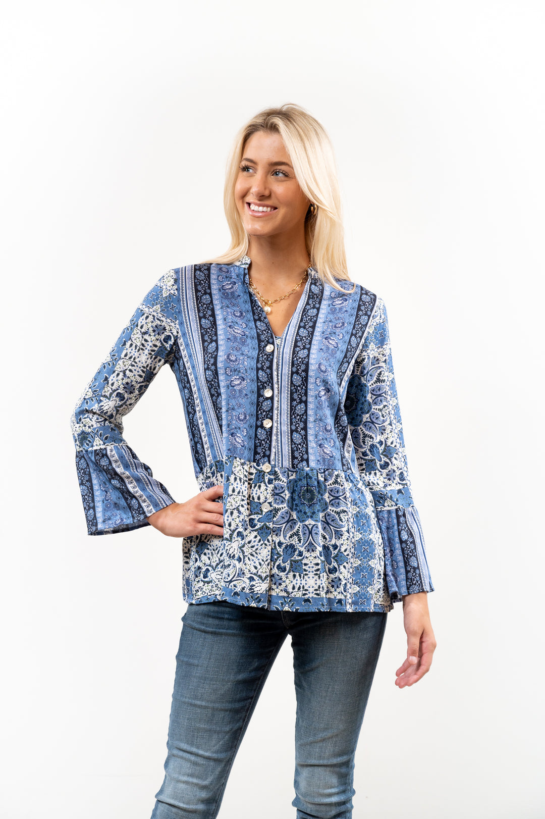The Emma Button Front Tunic in Navy and White — view 4