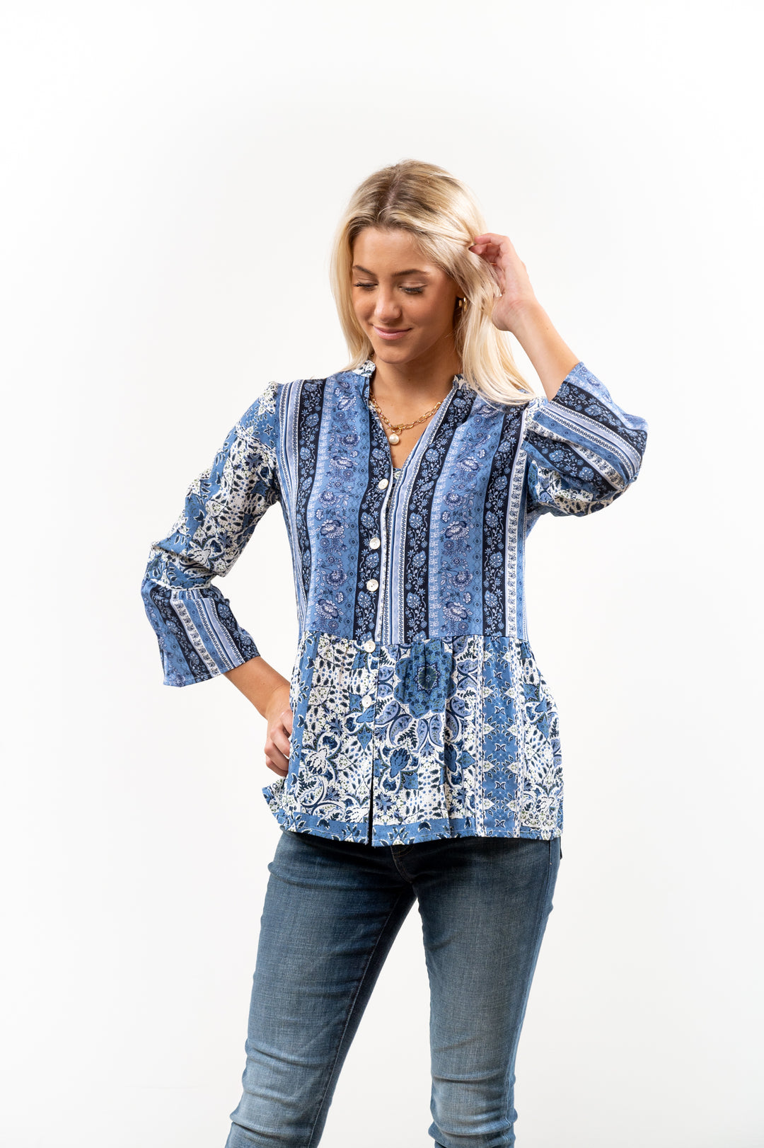 The Emma Button Front Tunic in Navy and White — view 5