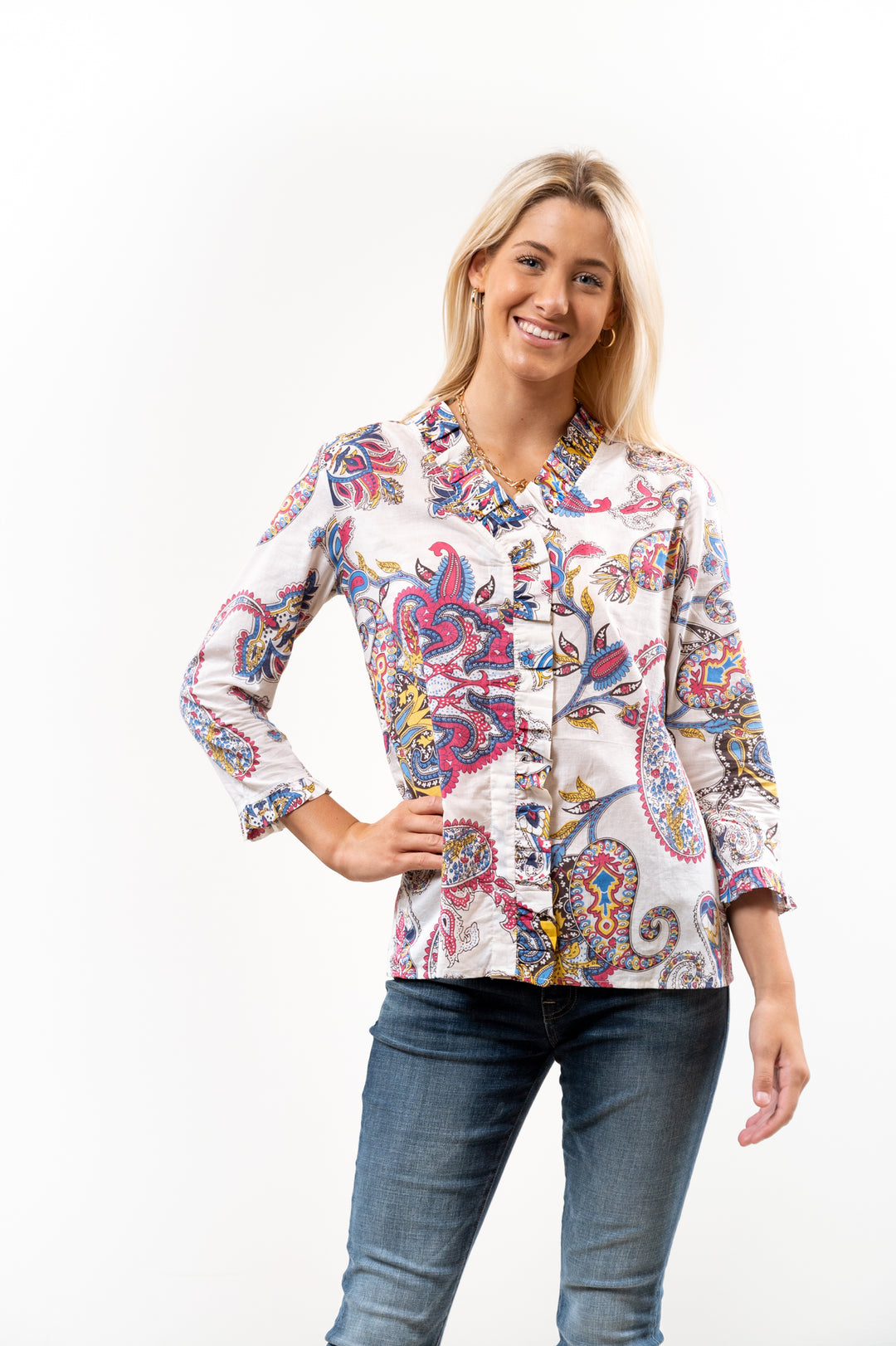 The Bessie Ruffle Front Cotton Blouse in Cream Multi Print