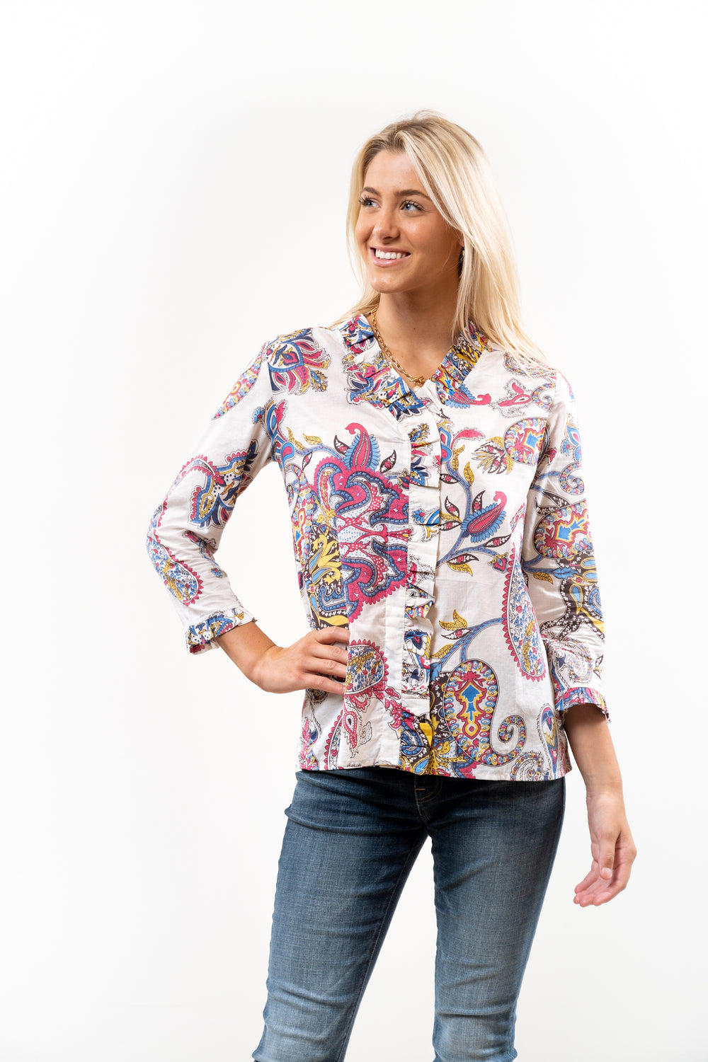 The Bessie Ruffle Front Cotton Blouse in Cream Multi Print — view 2