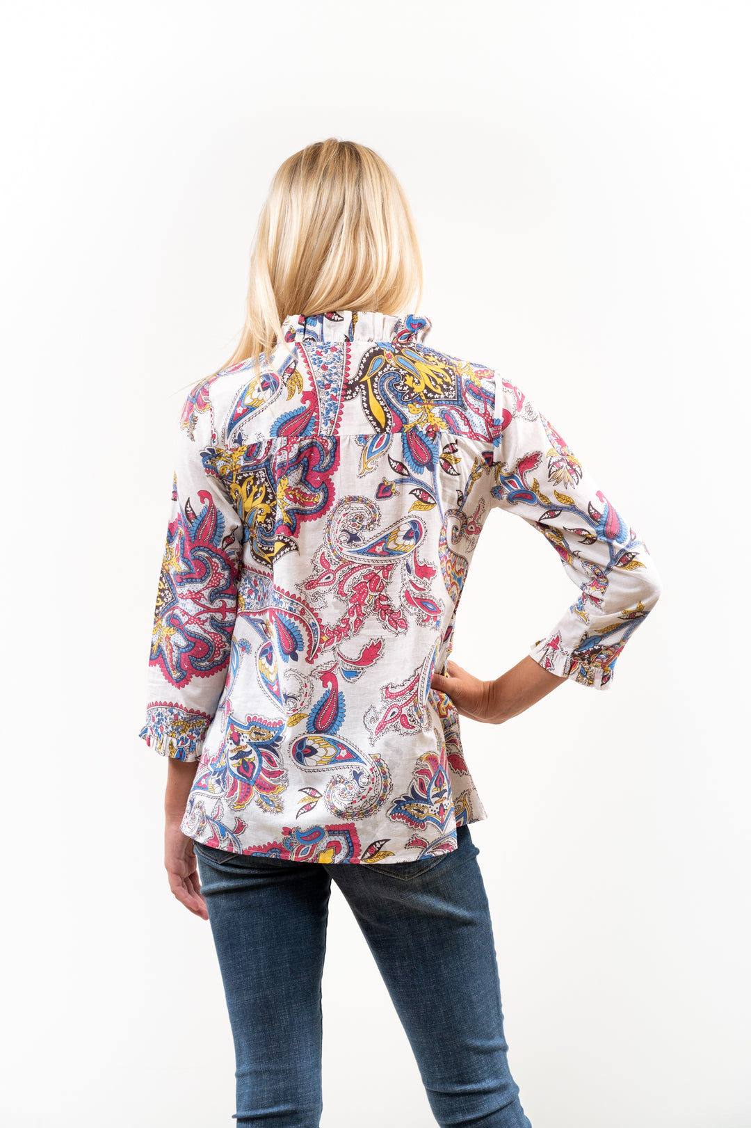 The Bessie Ruffle Front Cotton Blouse in Cream Multi Print — view 4