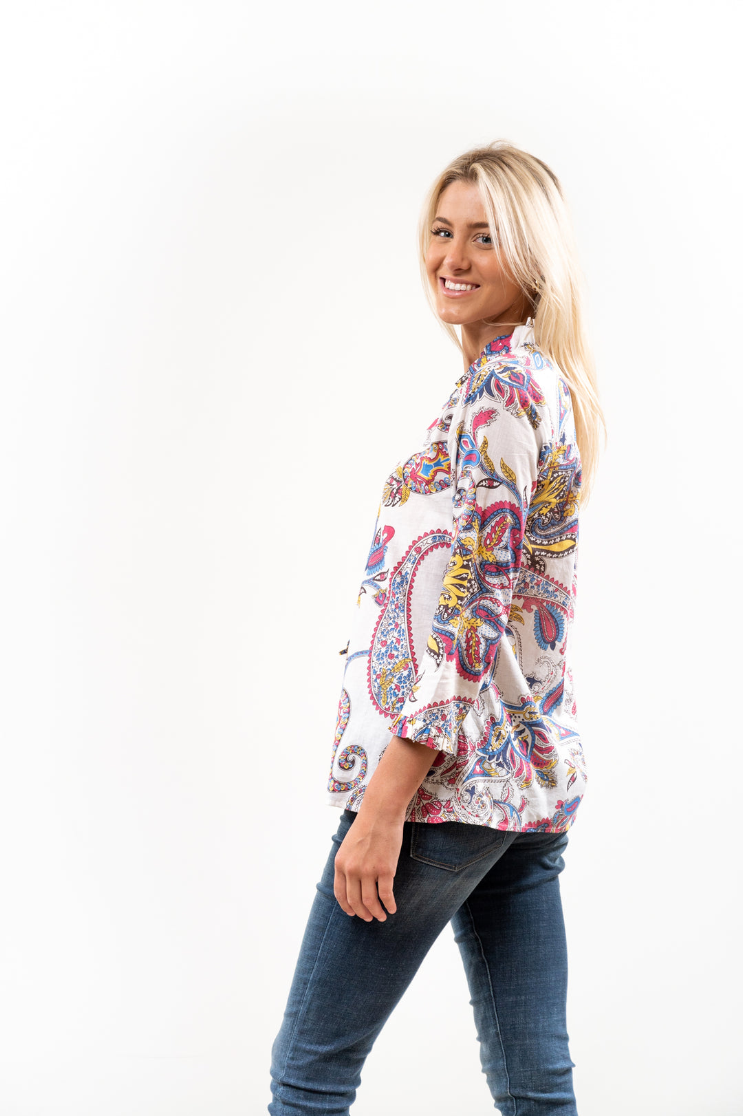 The Bessie Ruffle Front Cotton Blouse in Cream Multi Print — view 5