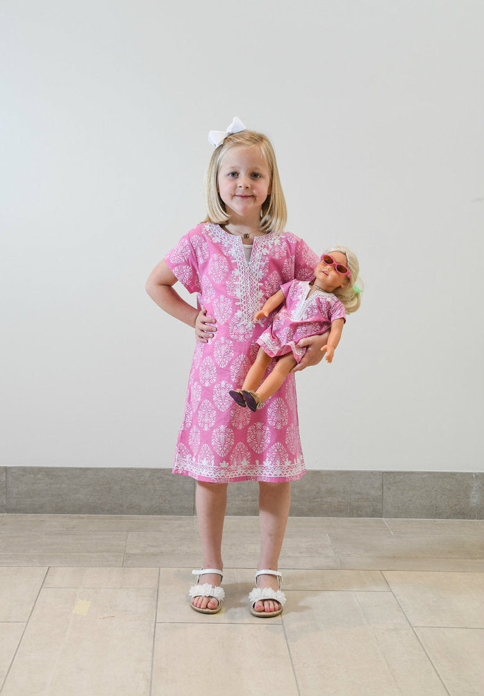 The Charlotte Embroidered Dress For Dolls in Pink and White — view 2