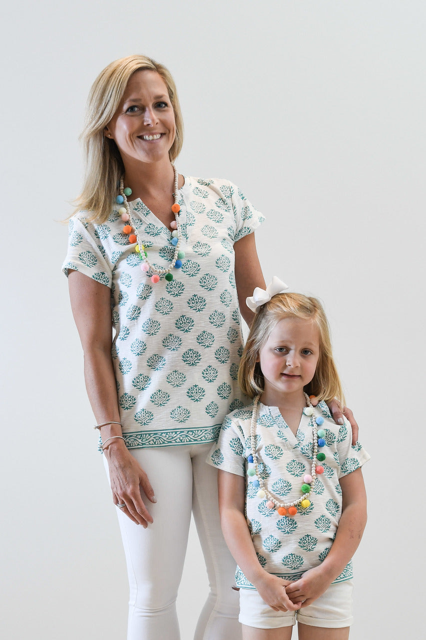 The Kylie Tee Shirt in White and Teal Hand Block For Girls — view 2