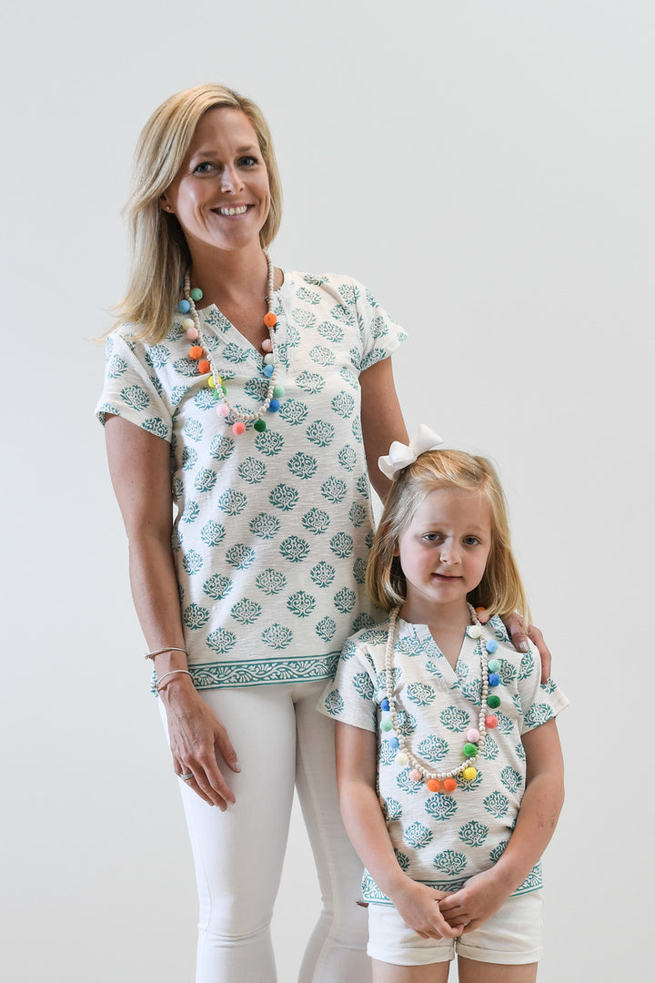 The Kylie Tee Shirt in White and Teal Hand Block For Girls — view 2