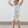 The Kylie Tee Shirt in White and Teal Hand Block For Girls