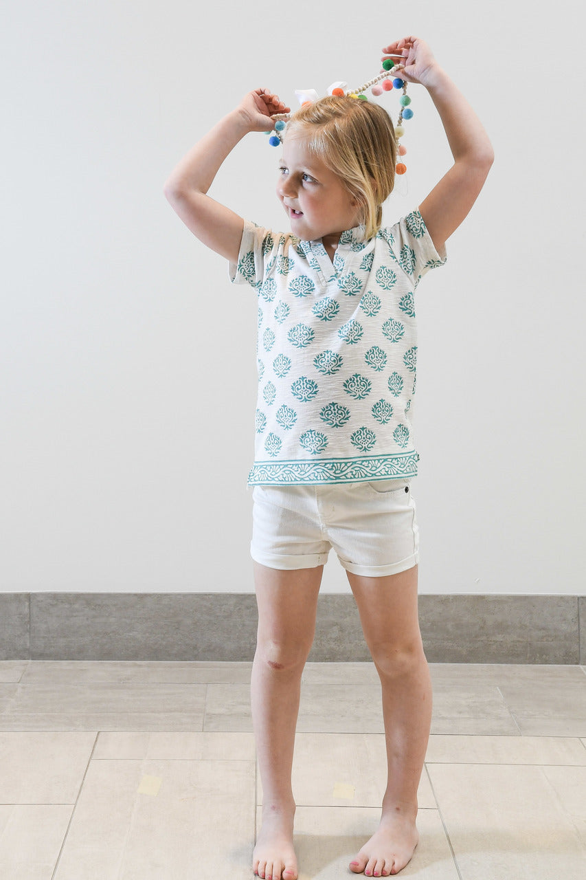 The Kylie Tee Shirt in White and Teal Hand Block For Girls