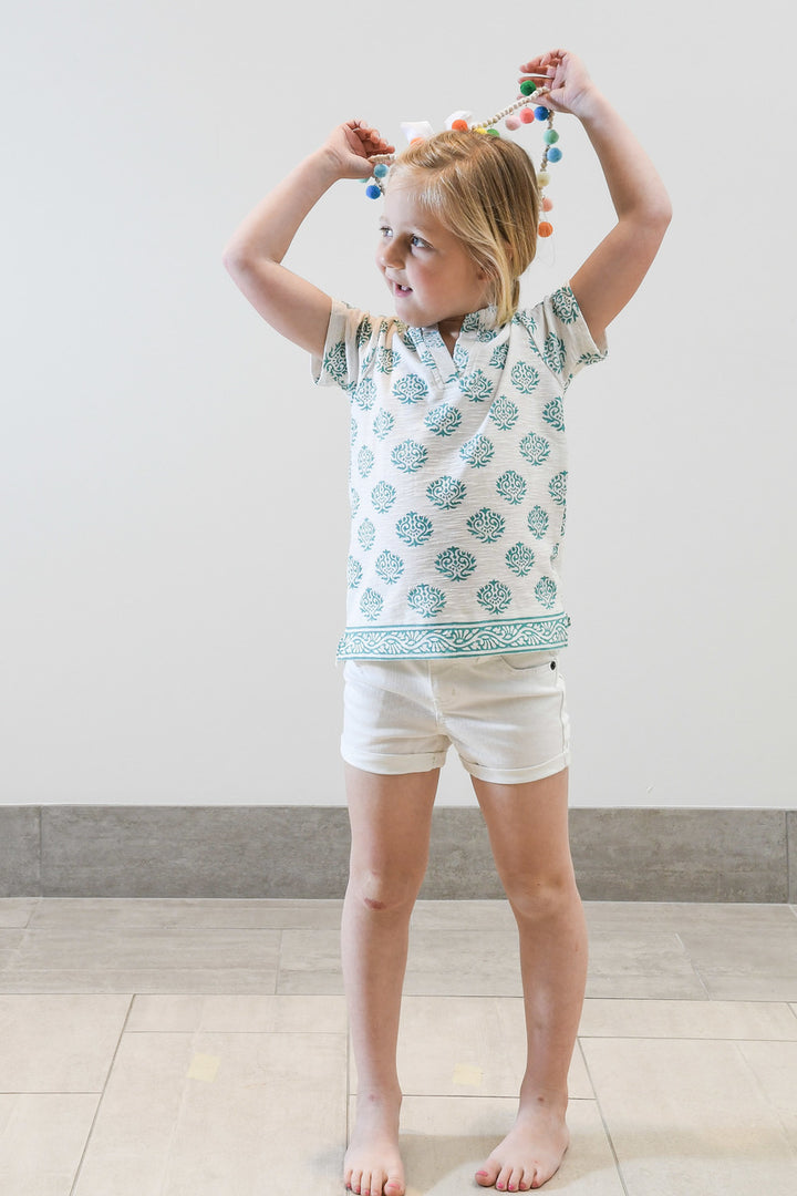 The Kylie Tee Shirt in White and Teal Hand Block For Girls