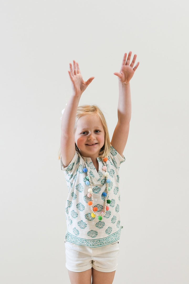 The Kylie Tee Shirt in White and Teal Hand Block For Girls — view 3